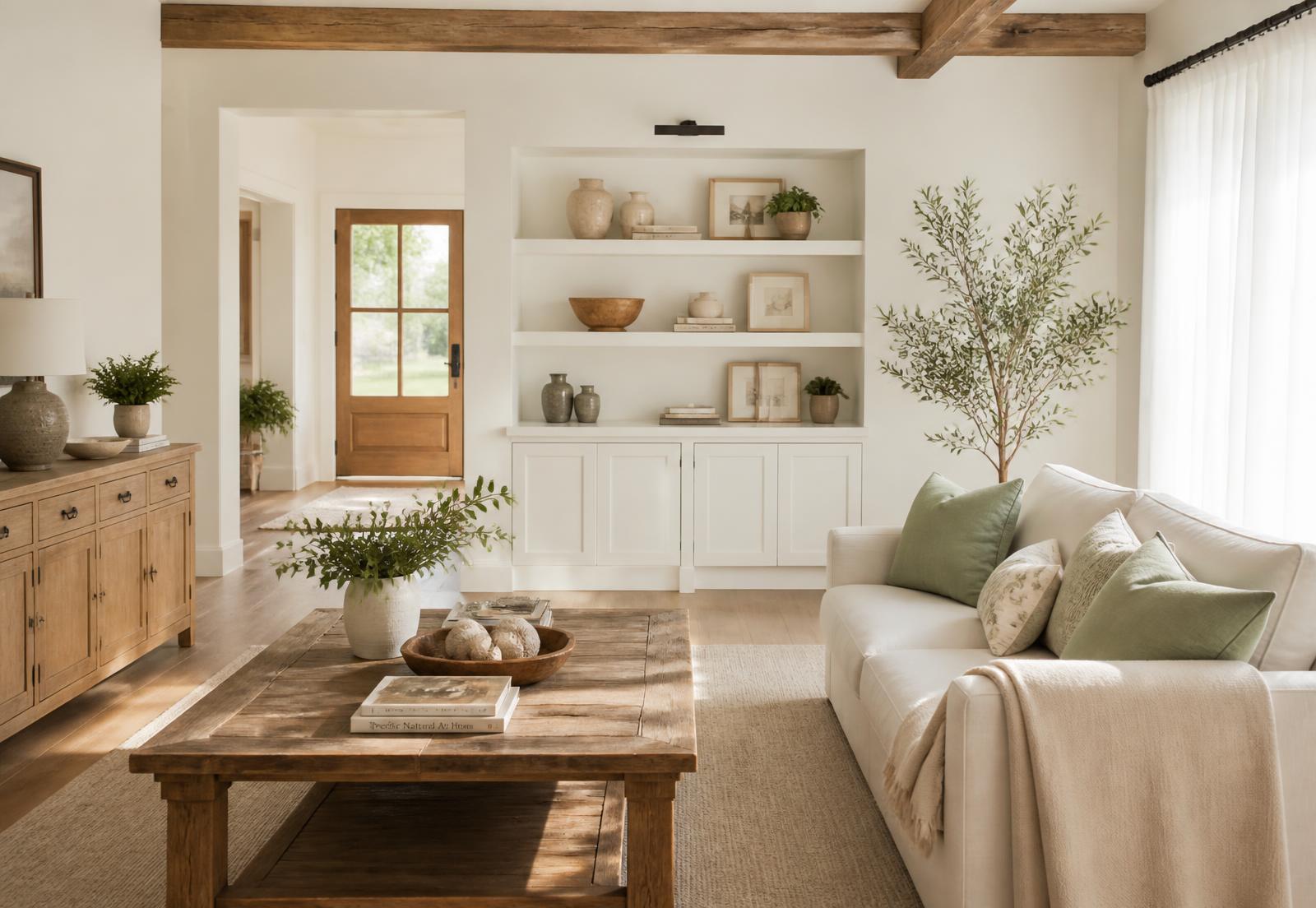 Bright, freshly cleaned living room with warm white walls, oak floors and a linen sofa