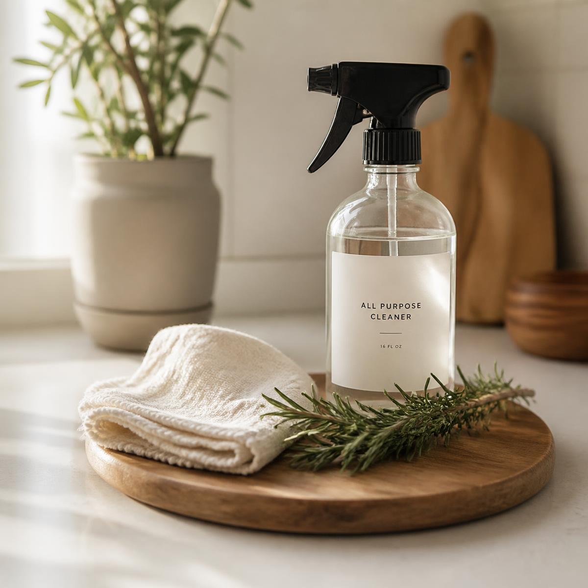 Natural all-purpose cleaner, folded cotton cloth and fresh rosemary on a spotless kitchen counter